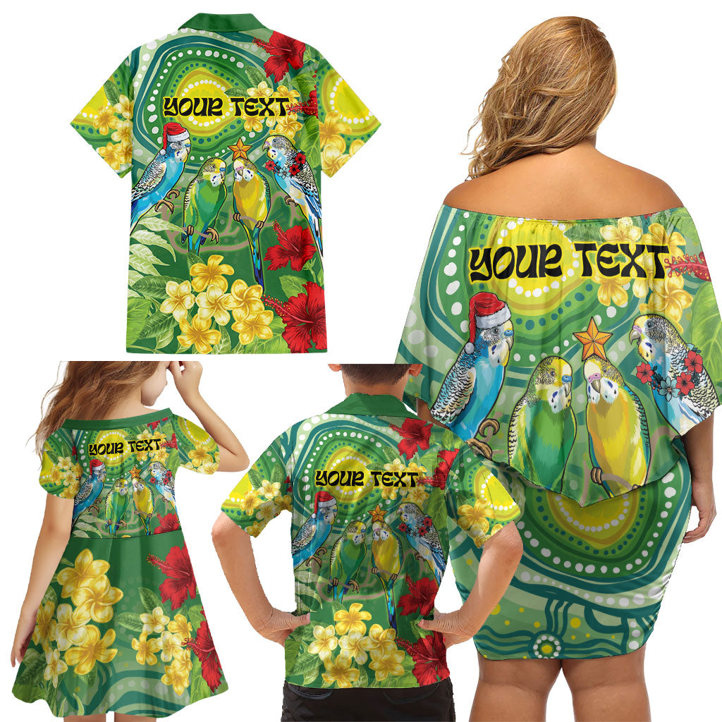 Australia Budgerigars Parakeets Personalised Family Matching Off Shoulder Short Dress and Hawaiian Shirt Cute Budgies Santa Tropical Flowers