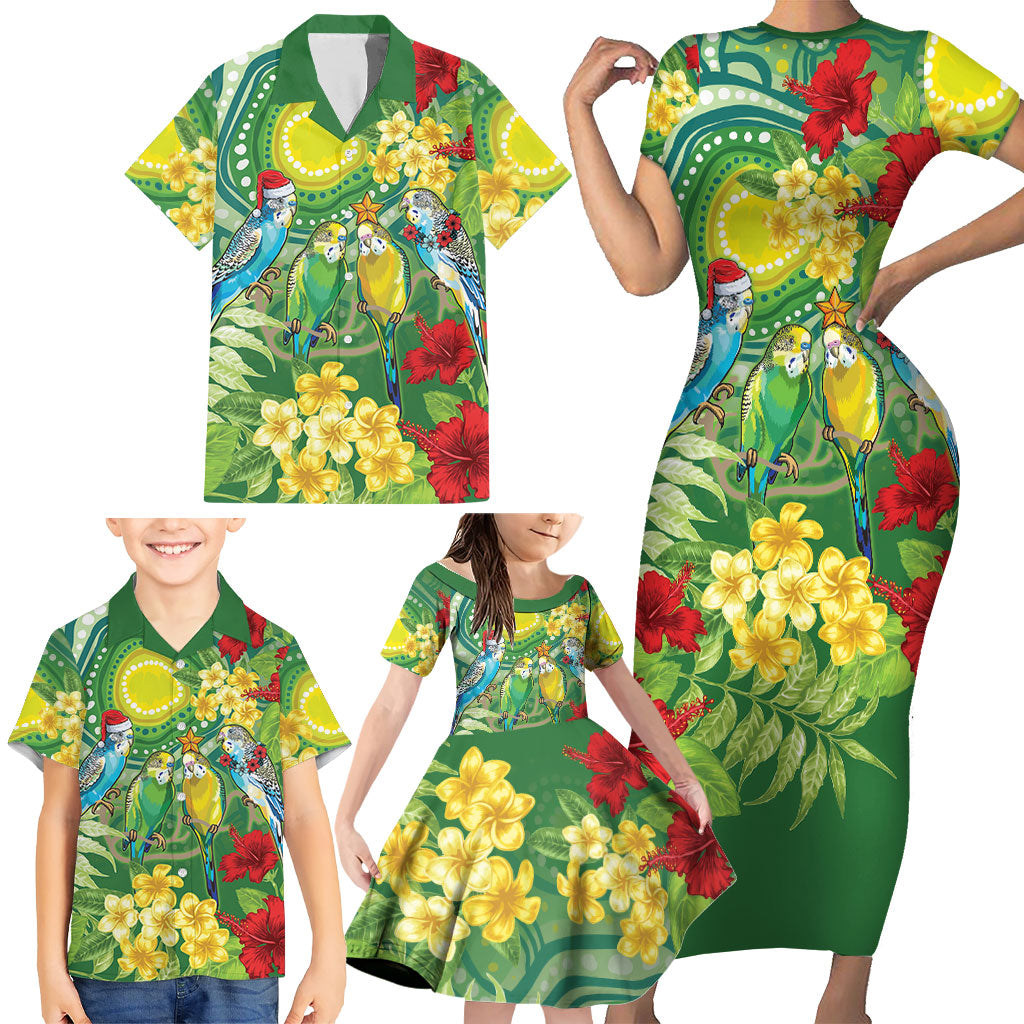 Australia Budgerigars Parakeets Personalised Family Matching Short Sleeve Bodycon Dress and Hawaiian Shirt Cute Budgies Santa Tropical Flowers