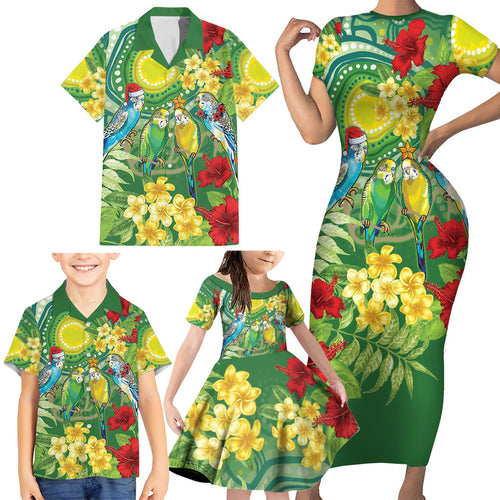 Australia Budgerigars Parakeets Personalised Family Matching Short Sleeve Bodycon Dress and Hawaiian Shirt Cute Budgies Santa Tropical Flowers