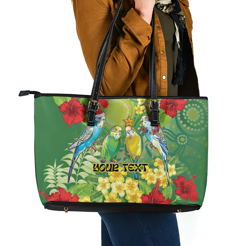 Australia Budgerigars Parakeets Personalised Leather Tote Bag Cute Budgies Santa Tropical Flowers