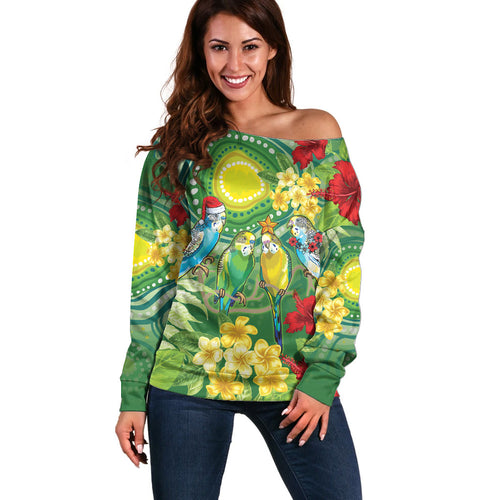 Australia Budgerigars Parakeets Personalised Off Shoulder Sweater Cute Budgies Santa Tropical Flowers
