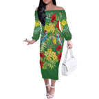 Australia Budgerigars Parakeets Personalised Off The Shoulder Long Sleeve Dress Cute Budgies Santa Tropical Flowers