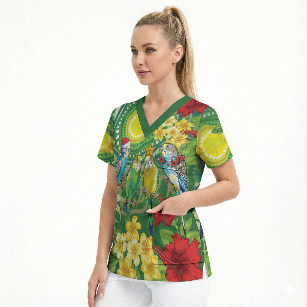 Australia Budgerigars Parakeets Personalised Scrub Top Cute Budgies Santa Tropical Flowers