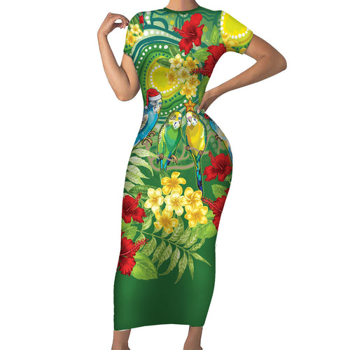Australia Budgerigars Parakeets Personalised Short Sleeve Bodycon Dress Cute Budgies Santa Tropical Flowers