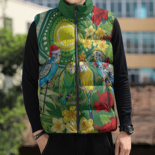 Australia Budgerigars Parakeets Personalised Sleeveless Puffer Jacket Cute Budgies Santa Tropical Flowers