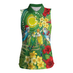 Australia Budgerigars Parakeets Personalised Women Sleeveless Polo Shirt Cute Budgies Santa Tropical Flowers