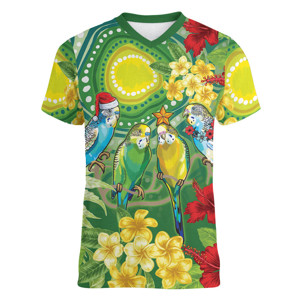 Australia Budgerigars Parakeets Personalised Women V-Neck T-Shirt Cute Budgies Santa Tropical Flowers