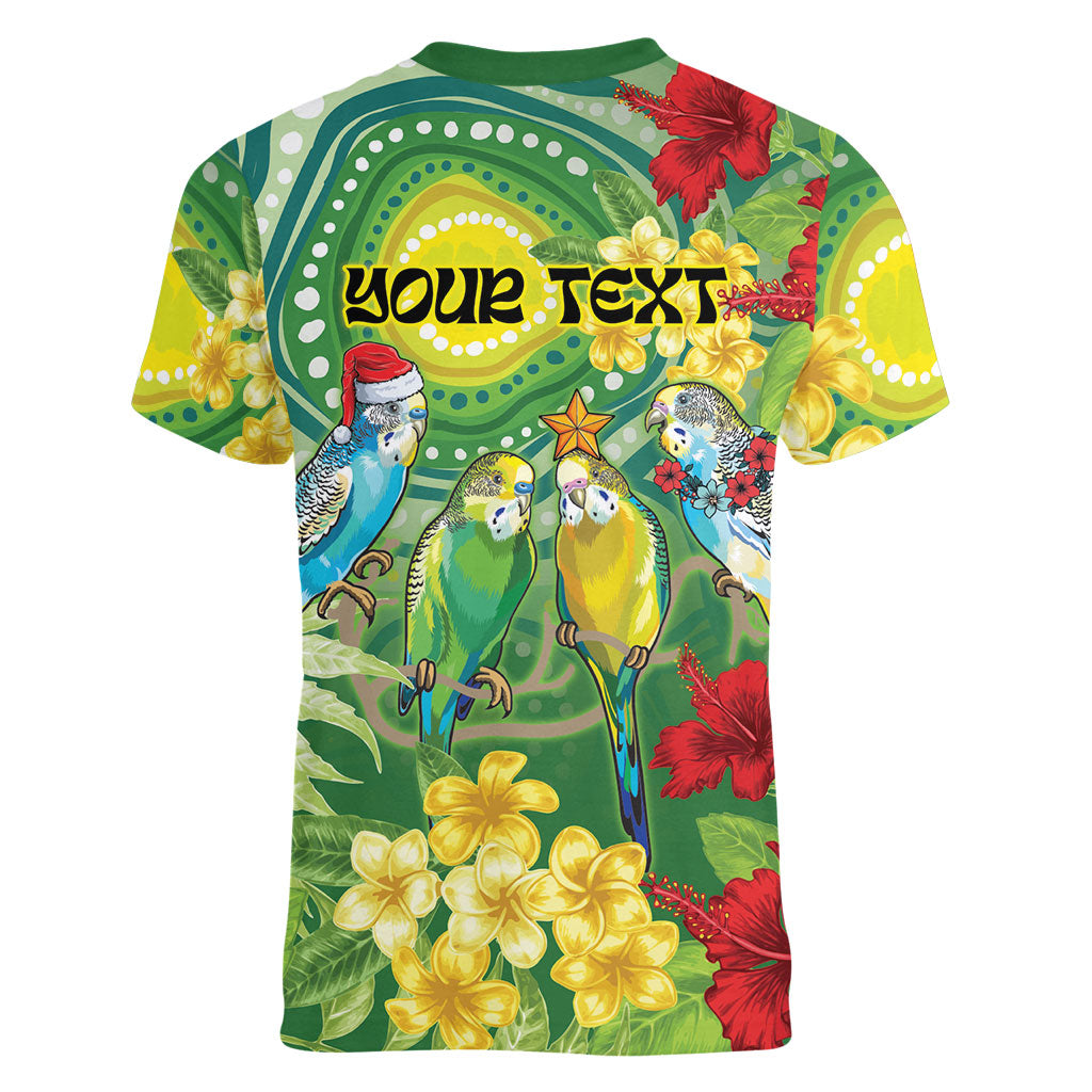 Australia Budgerigars Parakeets Personalised Women V-Neck T-Shirt Cute Budgies Santa Tropical Flowers