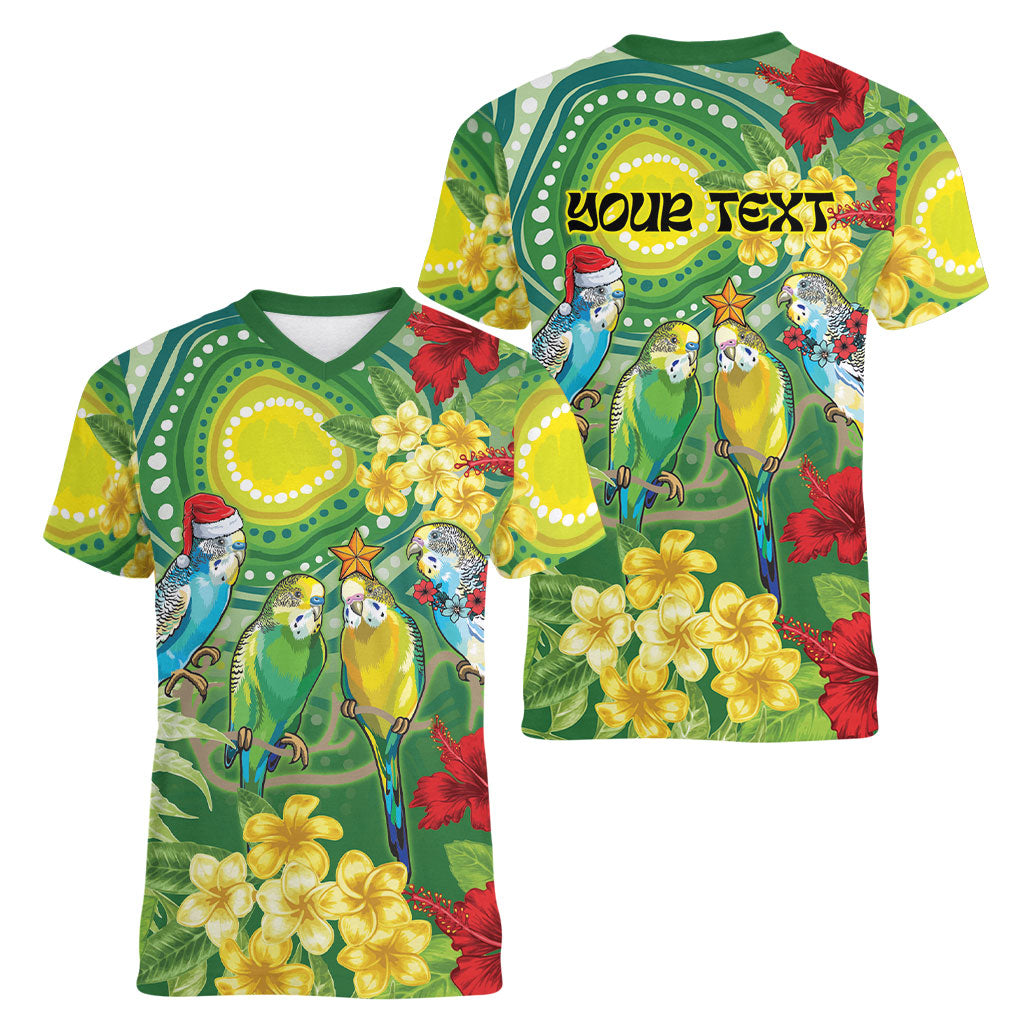 Australia Budgerigars Parakeets Personalised Women V-Neck T-Shirt Cute Budgies Santa Tropical Flowers