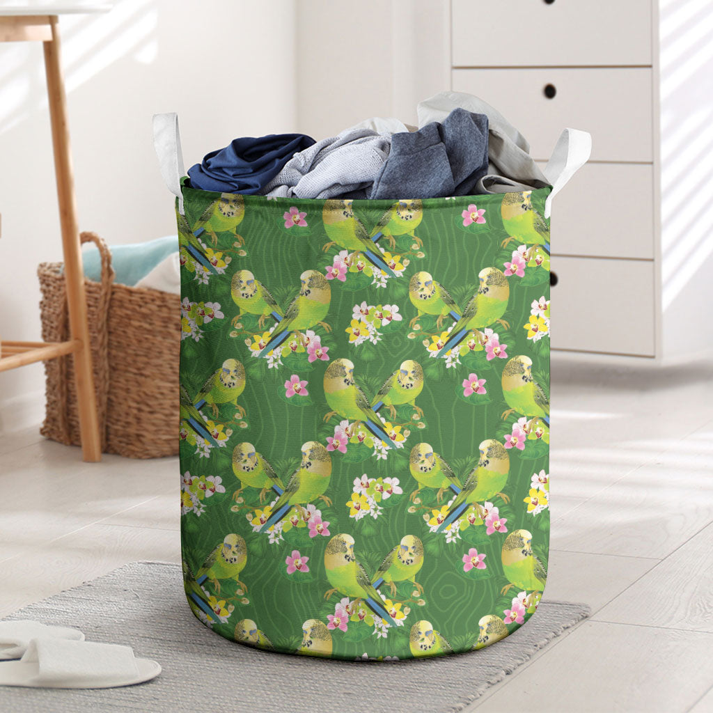 Australia Budgerigars Parakeets Laundry Basket Green And Yellow Bird Seamless Orchids Flowers