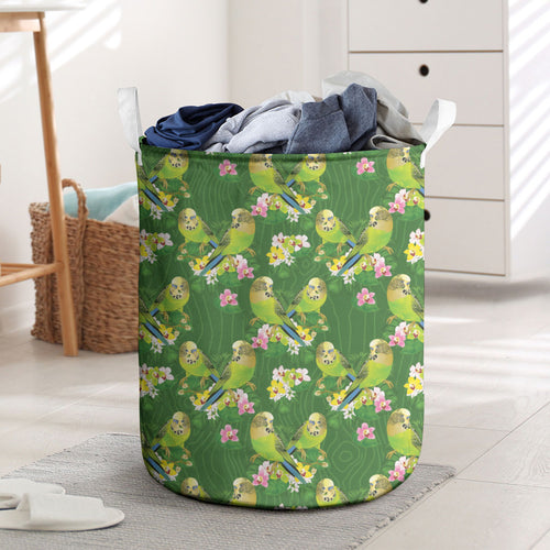 Australia Budgerigars Parakeets Laundry Basket Green And Yellow Bird Seamless Orchids Flowers