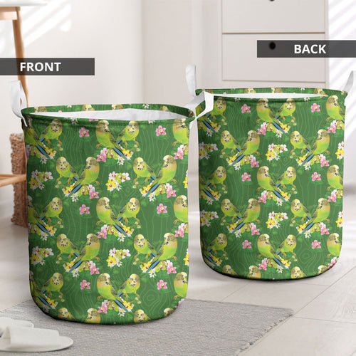 Australia Budgerigars Parakeets Laundry Basket Green And Yellow Bird Seamless Orchids Flowers