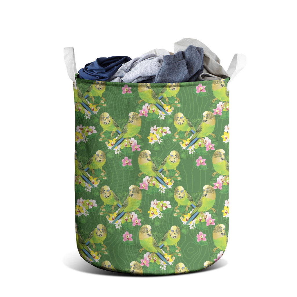 Australia Budgerigars Parakeets Laundry Basket Green And Yellow Bird Seamless Orchids Flowers
