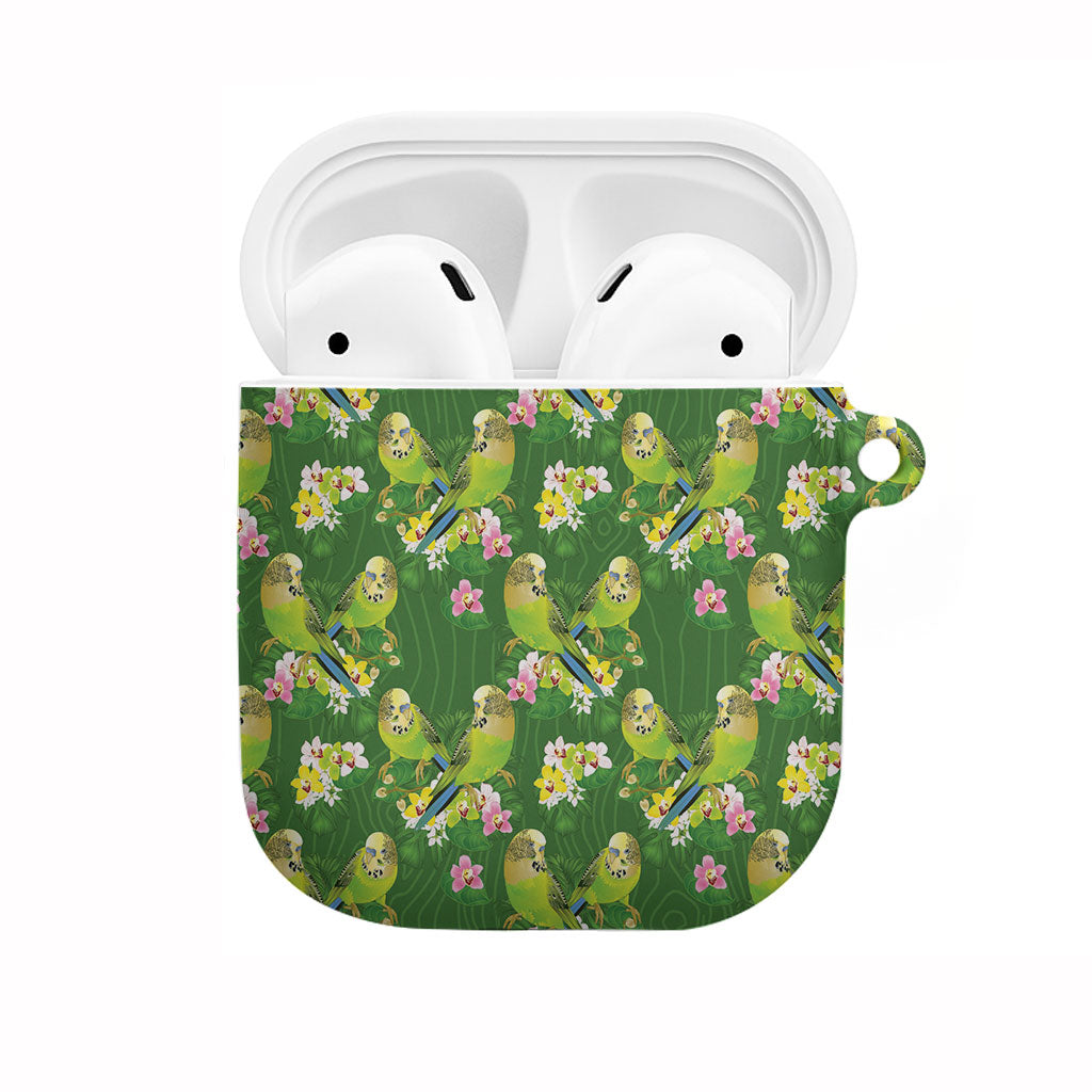 Australia Budgerigars Parakeets AirPods Case Green And Yellow Bird Seamless Orchids Flowers