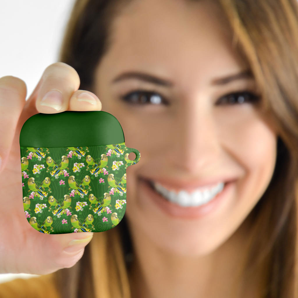 Australia Budgerigars Parakeets AirPods Case Green And Yellow Bird Seamless Orchids Flowers