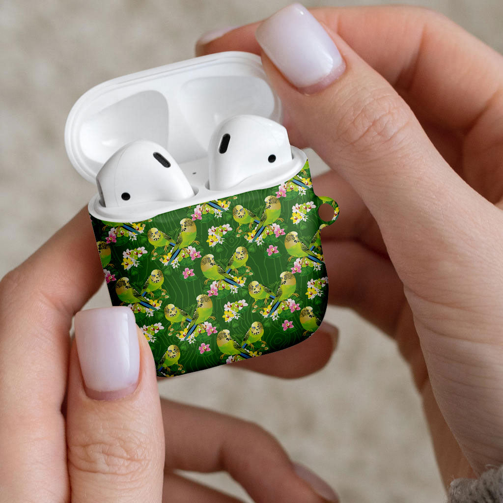 Australia Budgerigars Parakeets AirPods Case Green And Yellow Bird Seamless Orchids Flowers