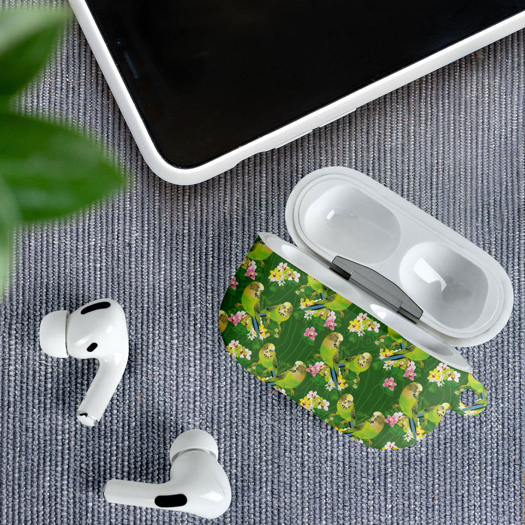 Australia Budgerigars Parakeets AirPods Case Green And Yellow Bird Seamless Orchids Flowers