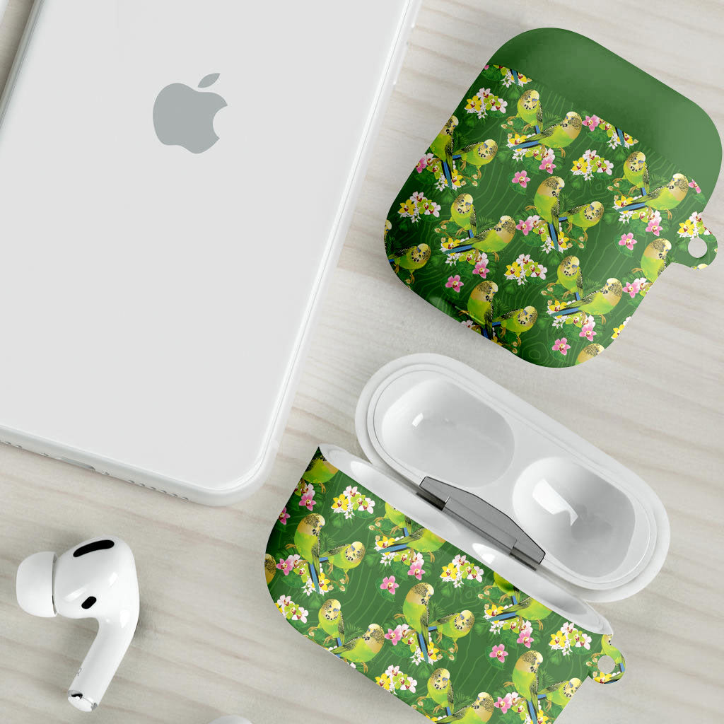 Australia Budgerigars Parakeets AirPods Case Green And Yellow Bird Seamless Orchids Flowers