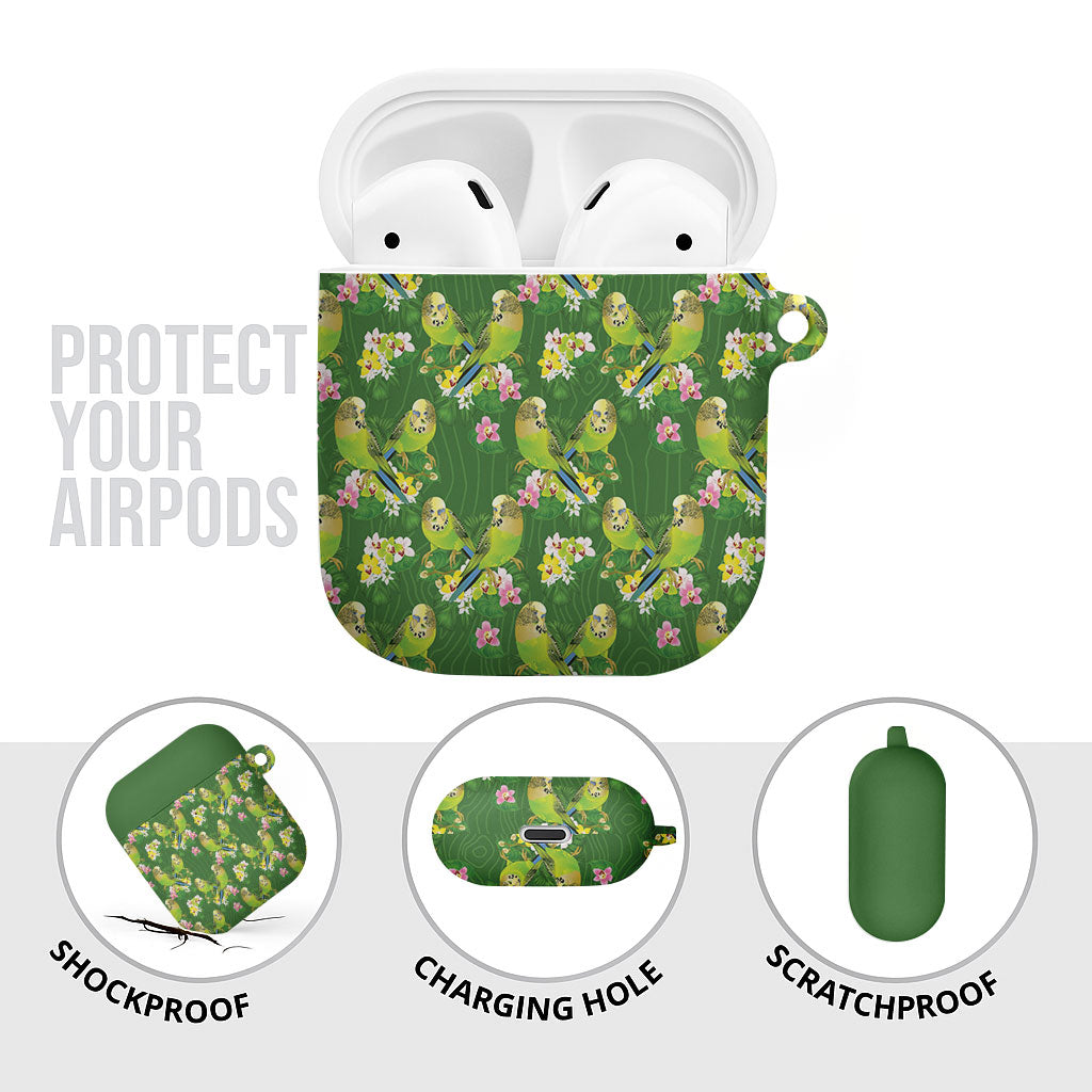 Australia Budgerigars Parakeets AirPods Case Green And Yellow Bird Seamless Orchids Flowers