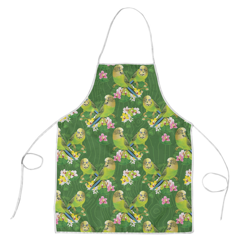 Australia Budgerigars Parakeets Apron Green And Yellow Bird Seamless Orchids Flowers