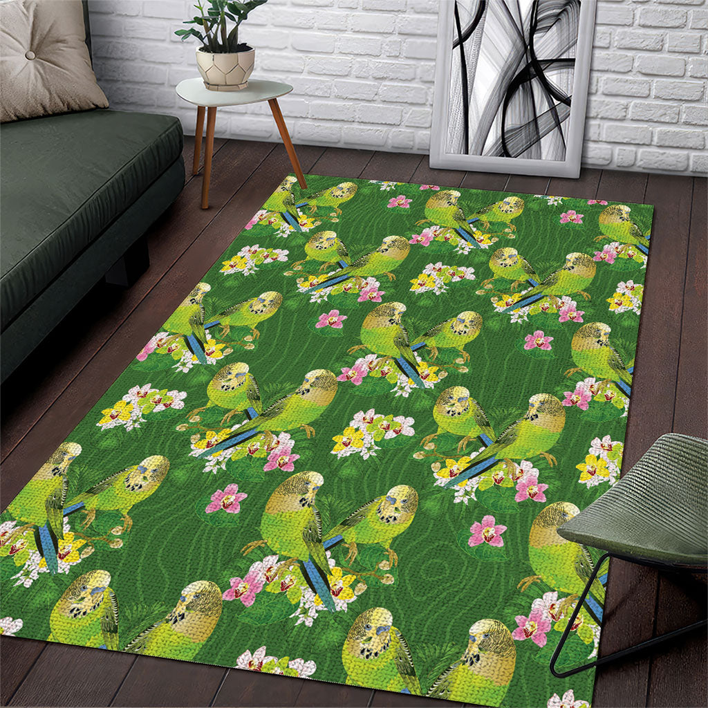 Australia Budgerigars Parakeets Area Rug Green And Yellow Bird Seamless Orchids Flowers