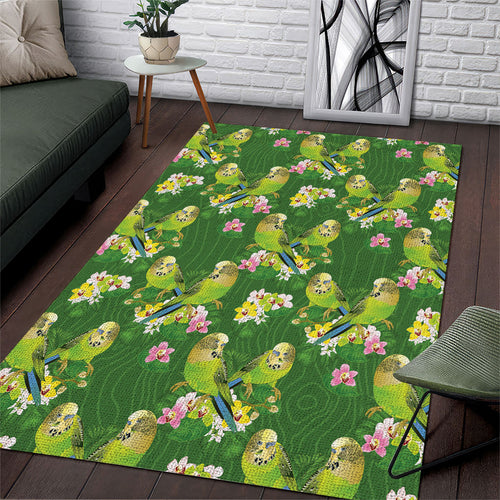 Australia Budgerigars Parakeets Area Rug Green And Yellow Bird Seamless Orchids Flowers