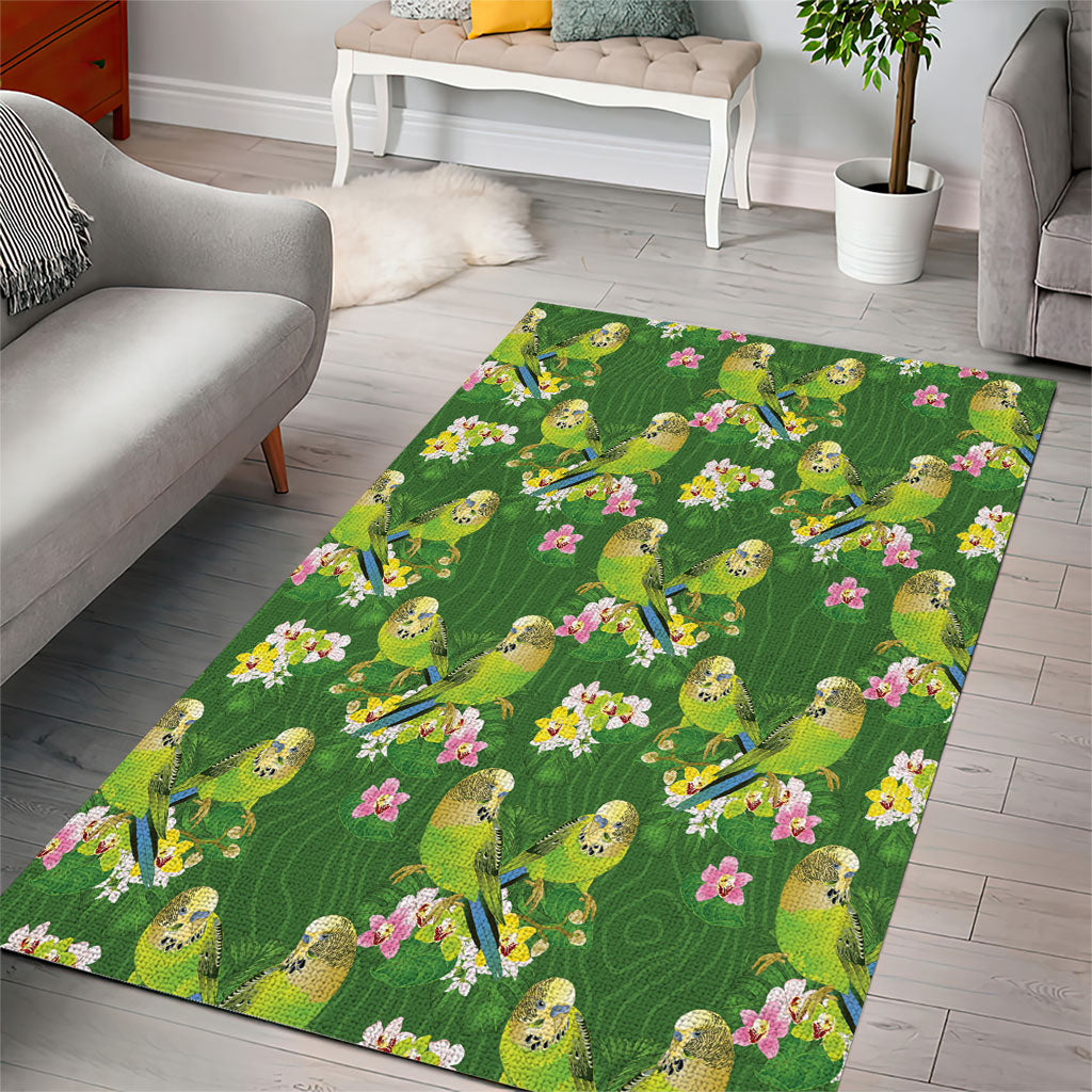Australia Budgerigars Parakeets Area Rug Green And Yellow Bird Seamless Orchids Flowers