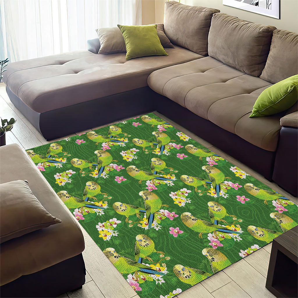 Australia Budgerigars Parakeets Area Rug Green And Yellow Bird Seamless Orchids Flowers