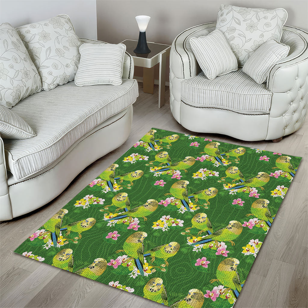 Australia Budgerigars Parakeets Area Rug Green And Yellow Bird Seamless Orchids Flowers