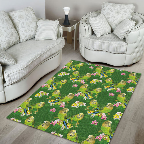Australia Budgerigars Parakeets Area Rug Green And Yellow Bird Seamless Orchids Flowers