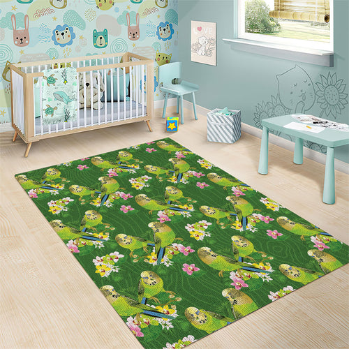 Australia Budgerigars Parakeets Area Rug Green And Yellow Bird Seamless Orchids Flowers