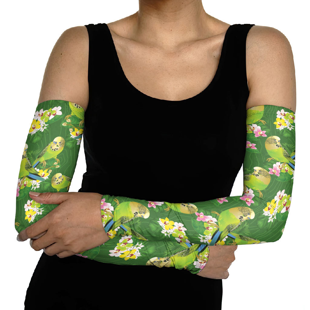 Australia Budgerigars Parakeets Arm Sleeves Green And Yellow Bird Seamless Orchids Flowers