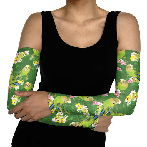 Australia Budgerigars Parakeets Arm Sleeves Green And Yellow Bird Seamless Orchids Flowers