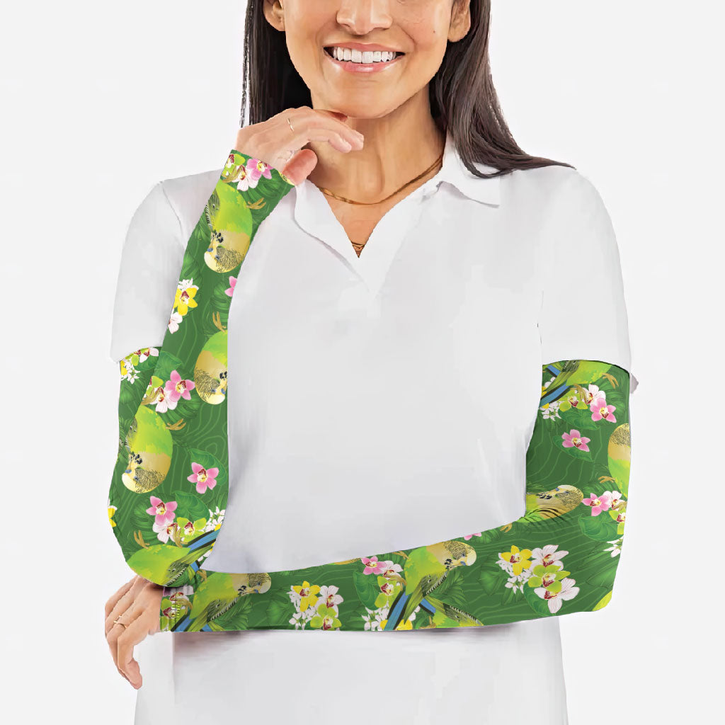 Australia Budgerigars Parakeets Arm Sleeves Green And Yellow Bird Seamless Orchids Flowers
