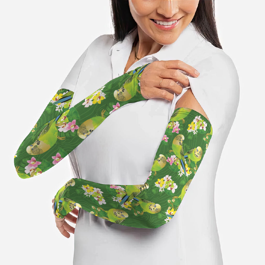 Australia Budgerigars Parakeets Arm Sleeves Green And Yellow Bird Seamless Orchids Flowers