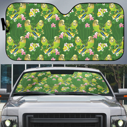 Australia Budgerigars Parakeets Auto Sun Shade Green And Yellow Bird Seamless Orchids Flowers