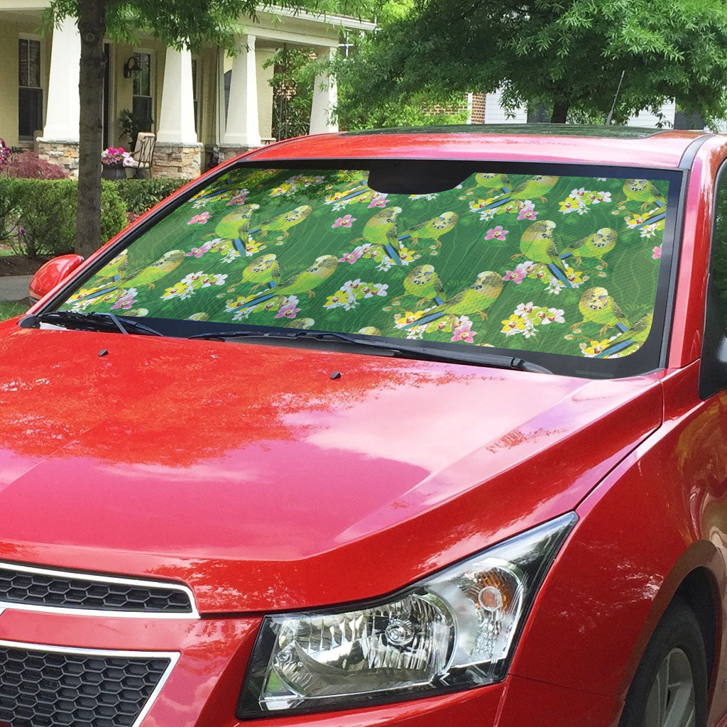 Australia Budgerigars Parakeets Auto Sun Shade Green And Yellow Bird Seamless Orchids Flowers