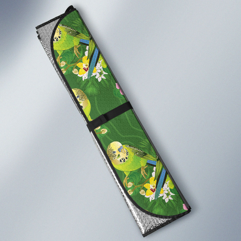 Australia Budgerigars Parakeets Auto Sun Shade Green And Yellow Bird Seamless Orchids Flowers