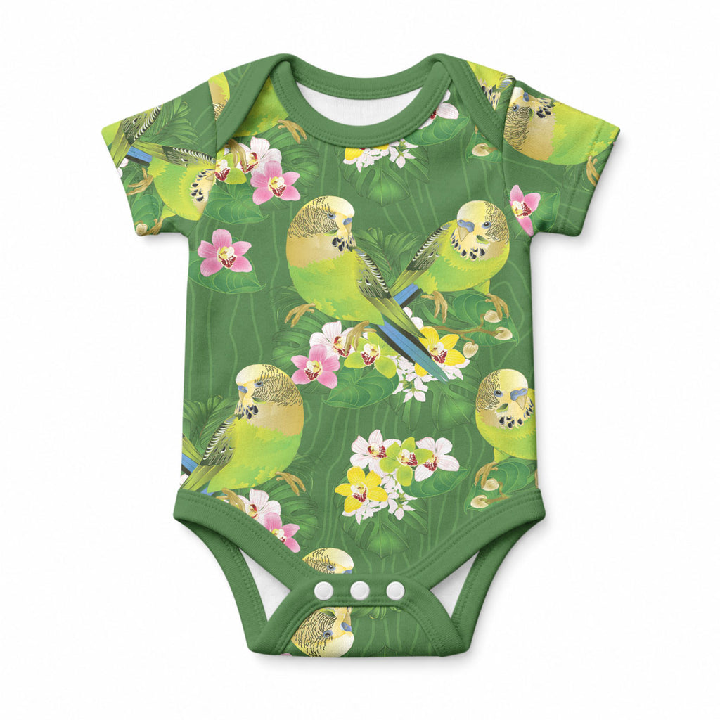 Australia Budgerigars Parakeets Baby Onesie Green And Yellow Bird Seamless Orchids Flowers