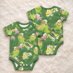Australia Budgerigars Parakeets Baby Onesie Green And Yellow Bird Seamless Orchids Flowers