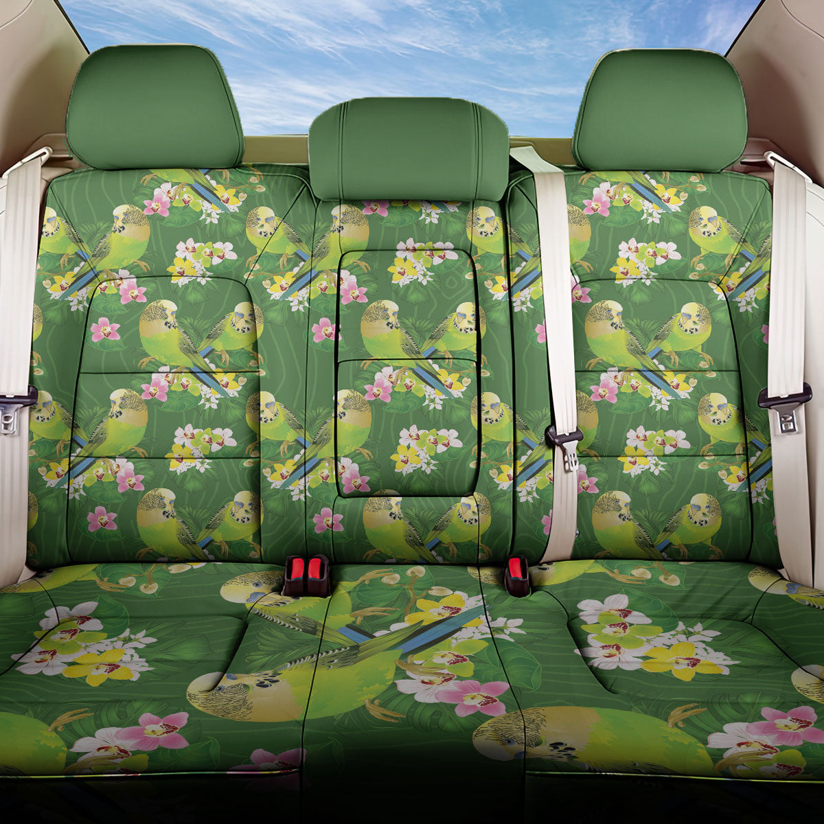 Australia Budgerigars Parakeets Back Car Seat Cover Green And Yellow Bird Seamless Orchids Flowers