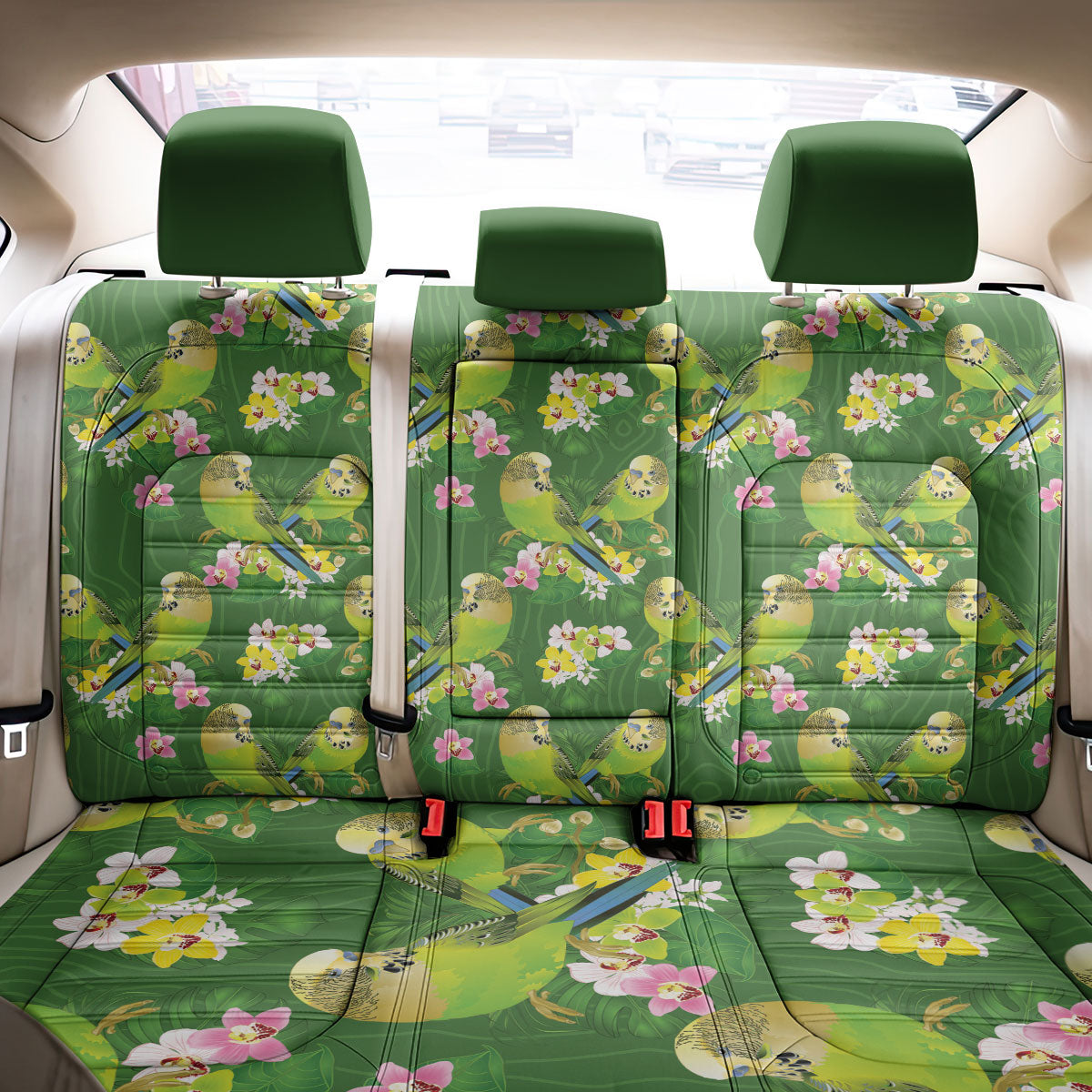 Australia Budgerigars Parakeets Back Car Seat Cover Green And Yellow Bird Seamless Orchids Flowers