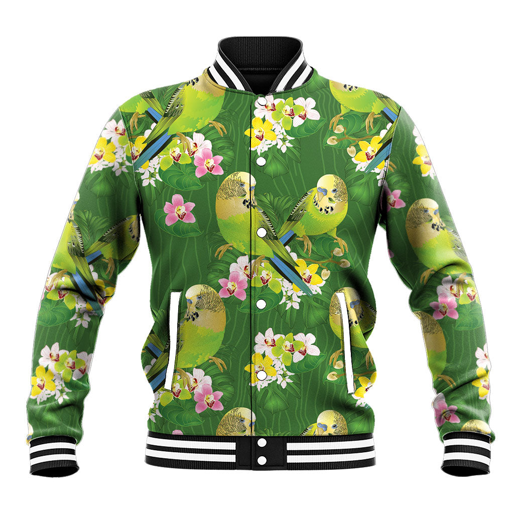 Australia Budgerigars Parakeets Baseball Jacket Green And Yellow Bird Seamless Orchids Flowers