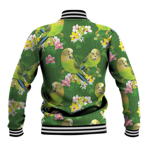 Australia Budgerigars Parakeets Baseball Jacket Green And Yellow Bird Seamless Orchids Flowers
