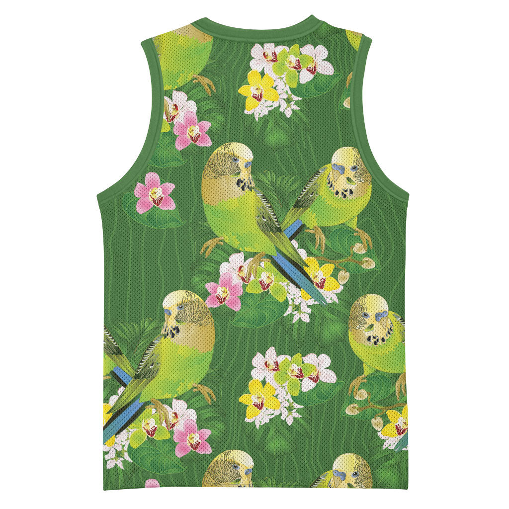 Australia Budgerigars Parakeets Basketball Jersey Green And Yellow Bird Seamless Orchids Flowers