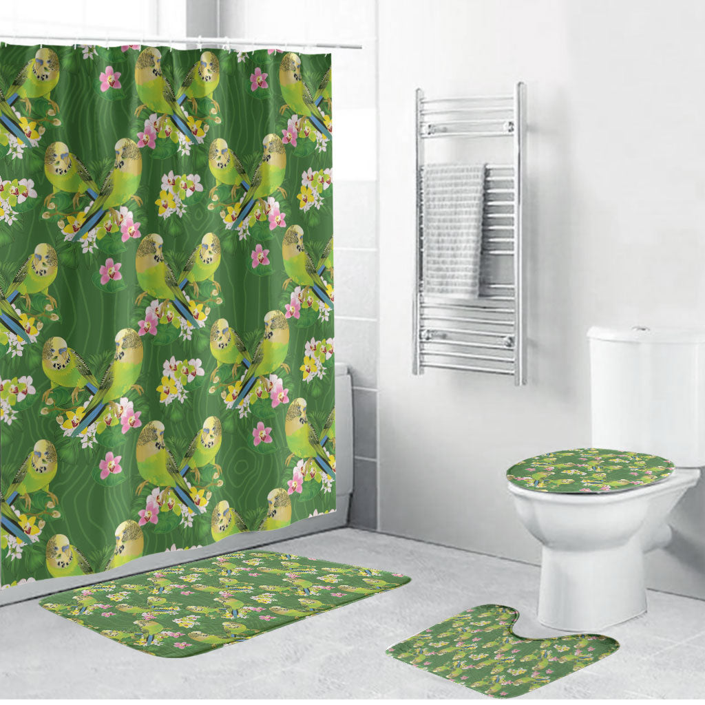 Australia Budgerigars Parakeets Bathroom Set Green And Yellow Bird Seamless Orchids Flowers