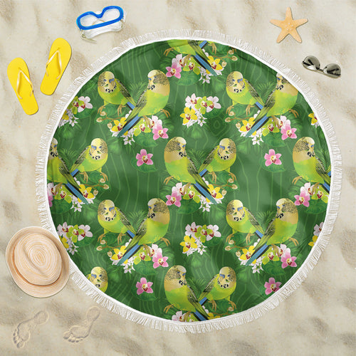 Australia Budgerigars Parakeets Beach Blanket Green And Yellow Bird Seamless Orchids Flowers
