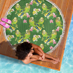 Australia Budgerigars Parakeets Beach Blanket Green And Yellow Bird Seamless Orchids Flowers