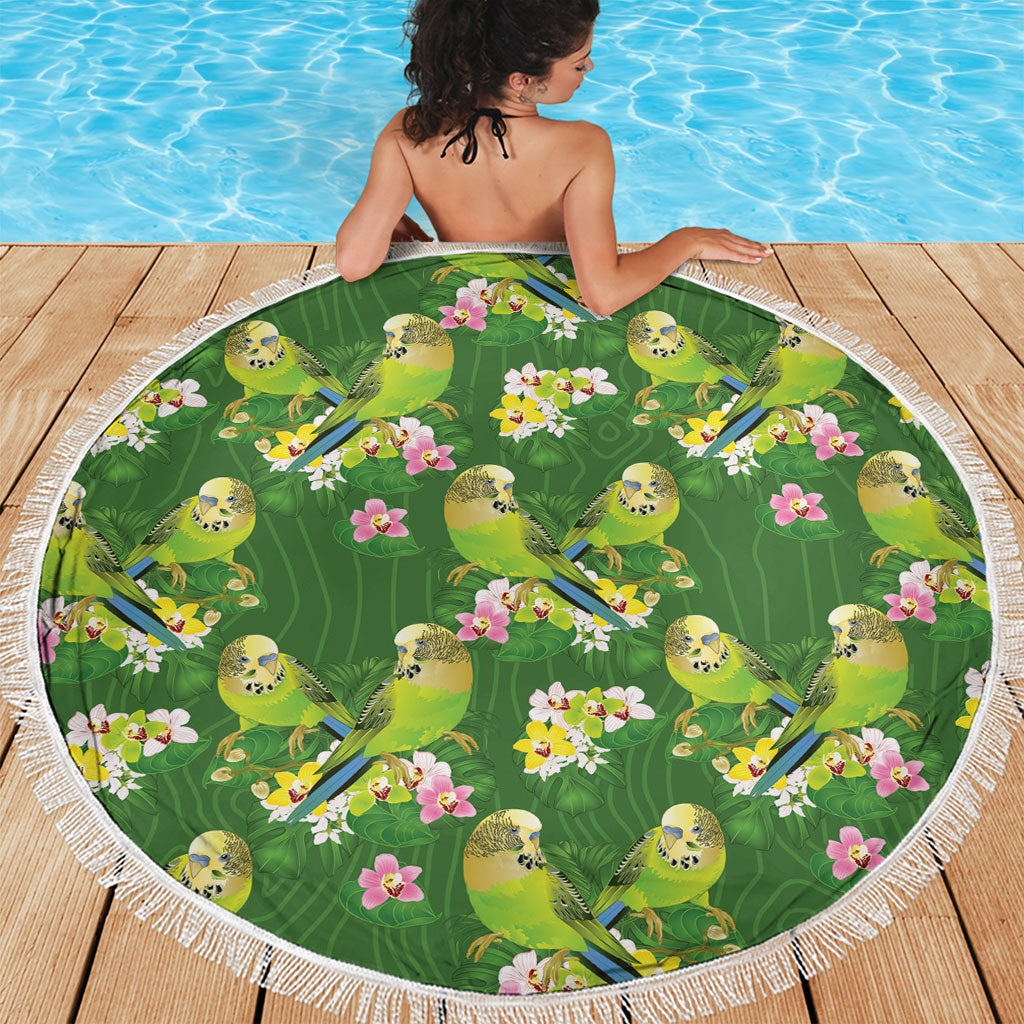 Australia Budgerigars Parakeets Beach Blanket Green And Yellow Bird Seamless Orchids Flowers