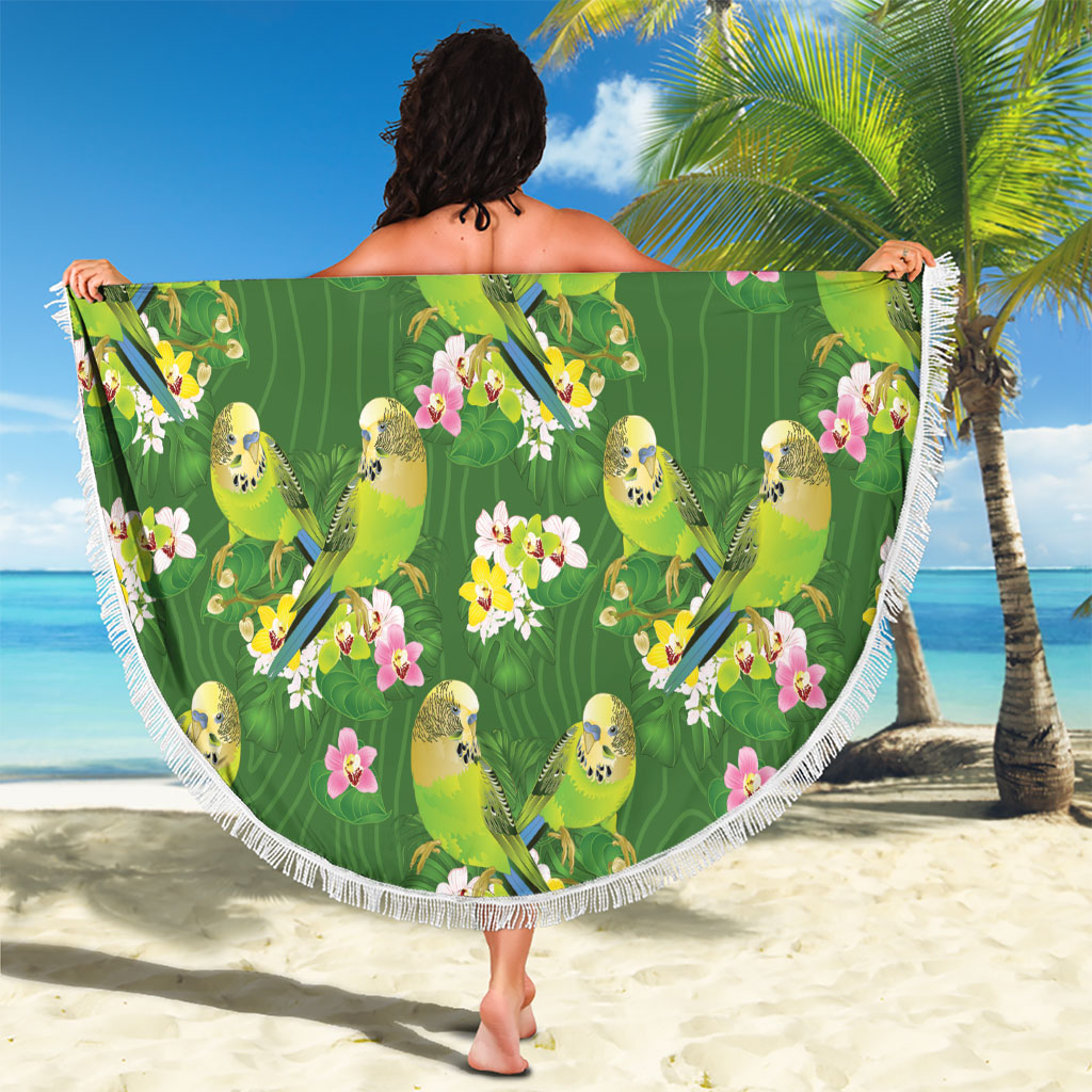 Australia Budgerigars Parakeets Beach Blanket Green And Yellow Bird Seamless Orchids Flowers